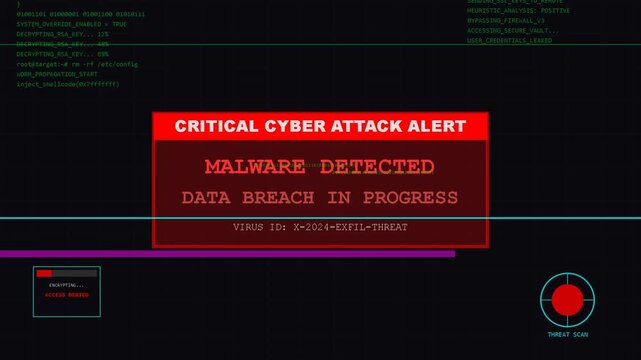 critical cyber attack alert with malware warning, data breach in progress on dark digital interface