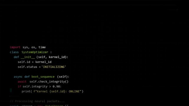 Software source code scrolling on dark screen interface representing programming development, cybersecurity analysis, network administration, data encryption
