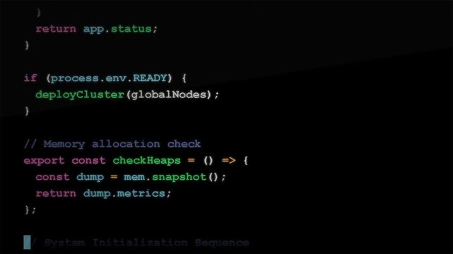 Javascript source code lines scrolling on black screen, software development, programming language, web development, syntax highlighting