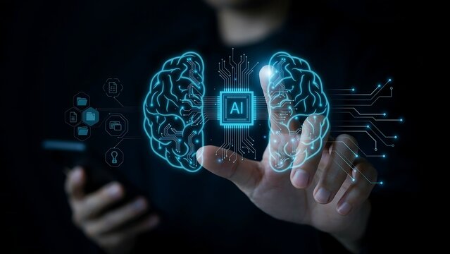 Person touching glowing AI brain interface during digital network connection with abstract circuit patterns