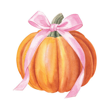 Watercolor Orange Pumpkin with Pink Bow 