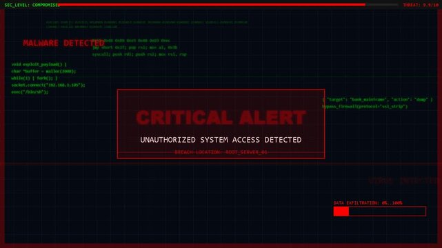critical system alert screen with malware detected warning, cybersecurity breach, network threat analysis, digital attack warning