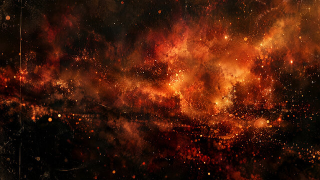 A dramatic abstract background featuring glowing orange and red nebula clouds with sparkling stardust particles, perfect for cosmic or ethereal design themes