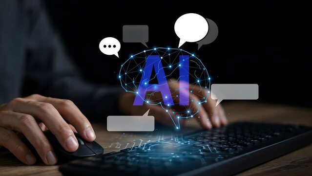 Person's hands typing on keyboard with artificial intelligence brain graphic and speech bubbles during digital communication