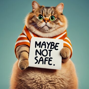 Cute fluffy cat wearing orange shirt holding a sign saying maybe not safe