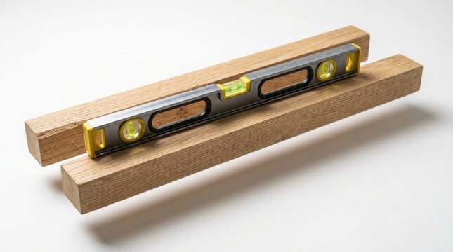 Spirit level tool placed on wooden beams for construction measurement