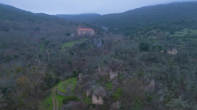 Aerial view from drone of the church of San Esteban in the abandoned village of Ribera in the Valderejo Natural Park. Municipality of Valdegov&iacute;a. Province of &Aacute;lava. Basque Country. Spain. Europe
