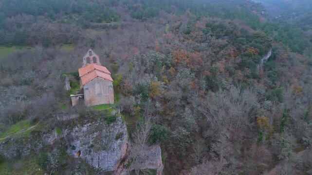Aerial view from drone of the church of San Esteban in the abandoned village of Ribera in the Valderejo Natural Park. Municipality of Valdegov&iacute;a. Province of &Aacute;lava. Basque Country. Spain. Europe