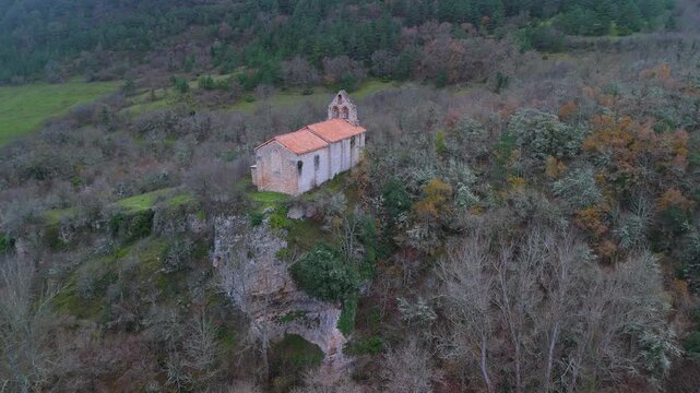 Aerial view from drone of the church of San Esteban in the abandoned village of Ribera in the Valderejo Natural Park. Municipality of Valdegov&iacute;a. Province of &Aacute;lava. Basque Country. Spain. Europe