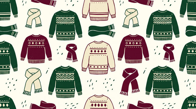 Vintage Christmas sweater and scarf pattern with fair isle designs on beige. Retro cozy winter seamless background for holiday wrapping and textiles.