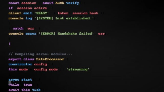 scrolling computer source code on dark monitor, representing software development, programming logic, data processing and cybersecurity infrastructure