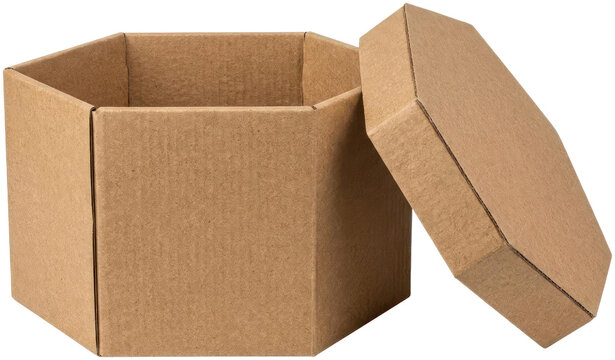 Open hexagonal brown cardboard gift box mockup.
