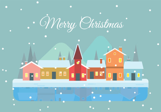 Merry Christmas Winter Village Illustration with Colorful Houses, Church, Falling Snow, and Reflections on Ice