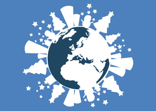 Christmas Earth globe vector illustration with festive winter decorations, stars, and fir trees