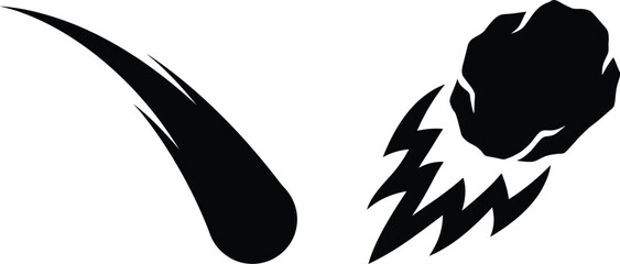Falling meteor and meteorite with speed trail black vector silhouette icons © MD Rubel
