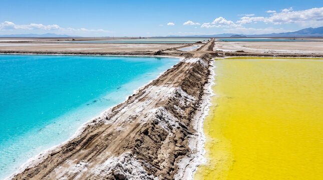 Lithium Brine Ponds Turquoise Yellow Either Side Of A Rutted Dirt Berm With Salt Pans Stretching To The Horizon
