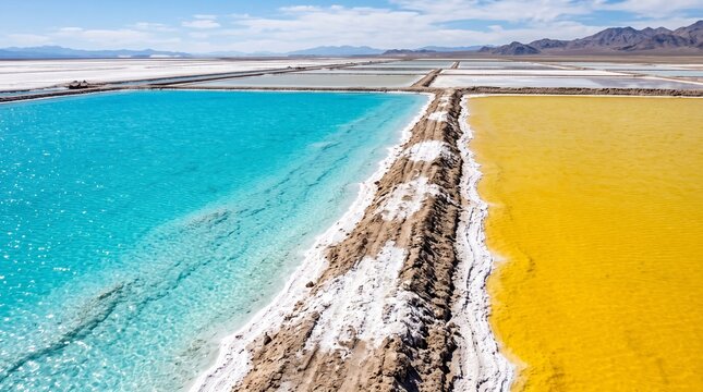 Lithium Brine Ponds Turquoise Yellow Divided By A Salt Crusted Berm