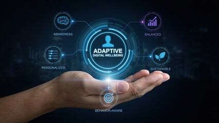 Fototapeta premium Hand holding glowing adaptive digital wellbeing concept and interface