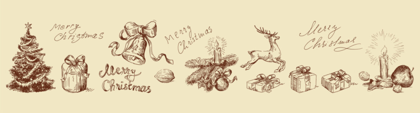 Christmas hand drawn illustration set with festive tree, reindeer, gifts, and candles for holiday decor