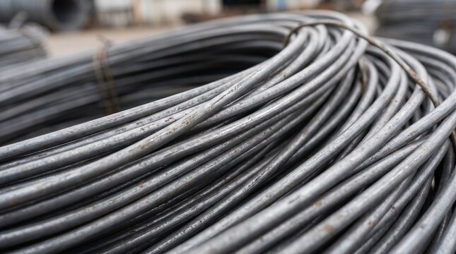 Steel Wire Rod Coil With A Binding Strap In An Outdoor Steel Yard, Close-Up With More Coils Blurred Behind Under Overcast Daylight