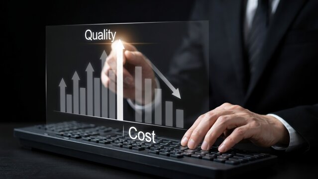 Business person using keyboard with holographic and cost comparison graph