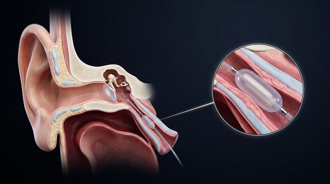 Medical illustration of Eustachian tube balloon dilation procedure, showing the anatomy of the ear, nasal cavity, and the catheter's placement for treatment.