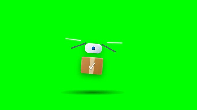 A 10-second 4K 60fps futuristic 3D animation of an autonomous quadcopter delivery drone hovering in and lowering a taped parcel package on chroma key green screen.