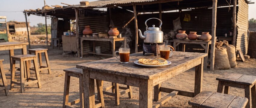 Steaming tea and flatbread on a wooden table at an outdoor stall