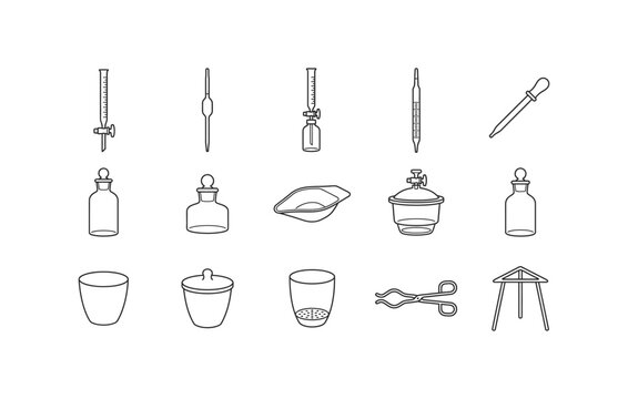 Chemistry laboratory glassware and equipment vector line icon set with burette pipette reagent bottle and crucible