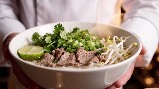 Bowl of Vietnamese beef pho with herbs, bean sprouts and lime held for serving. Asian noodle soup. Comfort food and restaurant dining. Fresh ingredients and traditional cuisine.