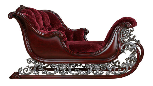 Ornate Victorian style sleigh with deep red velvet upholstery and silver carvings