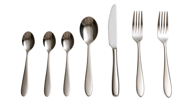 Polished stainless steel cutlery set including spoons, a dinner knife and forks