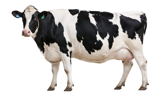 Black and white Holstein dairy cow standing in profile with ear tags