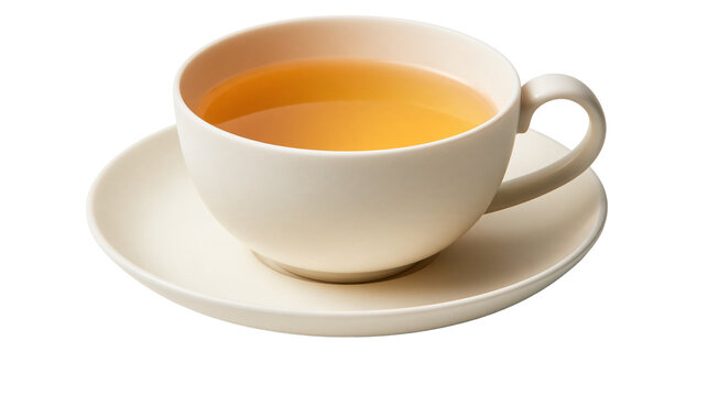 Warm herbal tea in a matte beige ceramic teacup with matching saucer