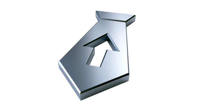Metallic silver tie shape icon with a cut out upward pointing arrow symbol