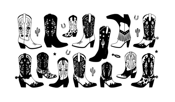 cowboy, cowgirl, boots, boot, western, wild, west, rodeo, country, texas, vector, illustration, set, black, white, silhouette, footwear, horseshoe, cactus, stars, fringe, leather, ranch, retro, vintag