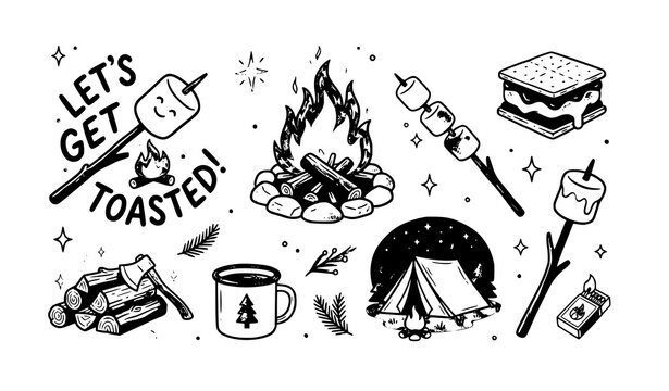 camping, campfire, marshmallow, toasted, smores, roasting, bonfire, vector, set, hand, drawn, doodle, black, white, outdoor, adventure, tent, firewood, mug, logs, pine, nature, summer, wilderness, sna