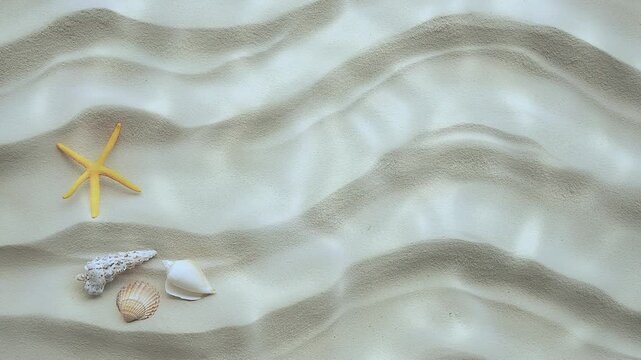 Sand patterns are visible with shells and a starfish placed on the surface of the beach. Light reflects softly on the sand and objects.