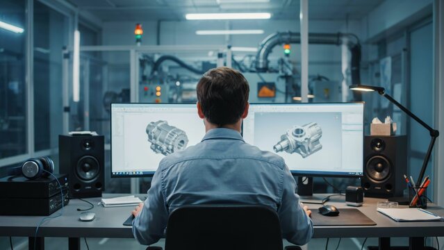 Engineer working on mechanical 3d cad on dual computer monitors at desk