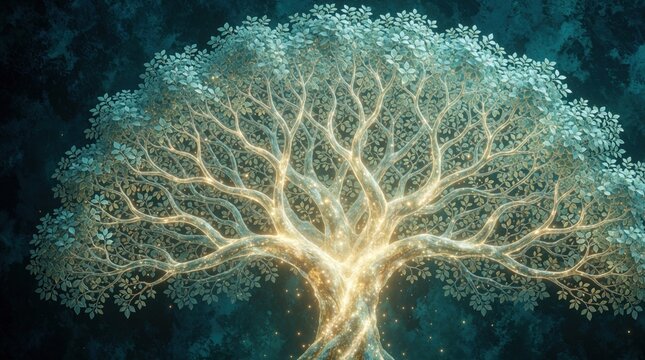Glowing magic tree with golden branches, blue leaves shines in dark forest. Concept of destiny, life choices, future paths. Mystical luminous tree shows various possible outcomes, spiritual guidance