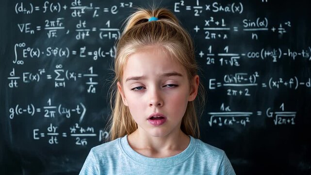 Schoolgirl looking surprised and confused in front of chalkboard with complex math equations. Lockdown medium shot.