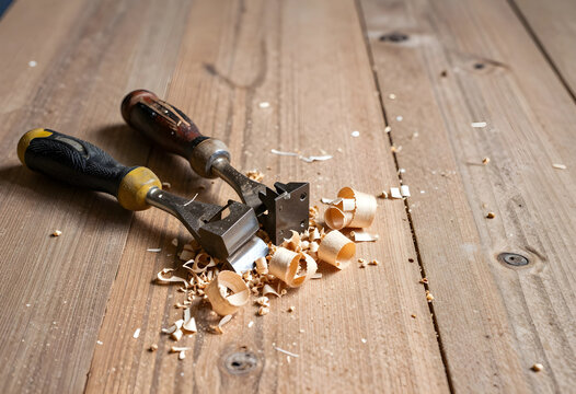 Craftsmanship and woodworking hobby, vintage metal chisels with wood shavings on a rustic timber workbench for carpentry and home improvement projects