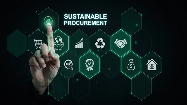 Hand touching sustainable procurement hexagon on digital business dashboard