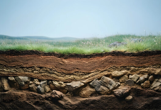 Soil profile and geology cross section, environmental science and earth layers with grass and rock strata for sustainable agriculture and land study