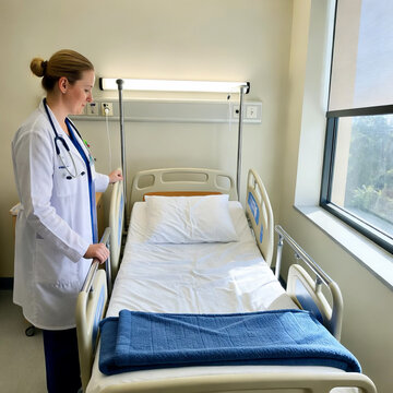 Doctors in hospital wards, amidst the sick and the hospital beds, strive to treat patients so they can eventually be discharged and return to normal life.
