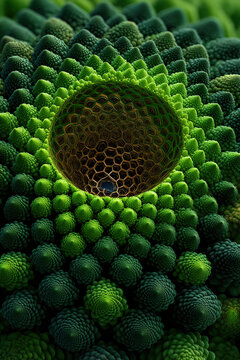 food art shot, dark green broccoli spiral around honeycomb center macro, photorealistic