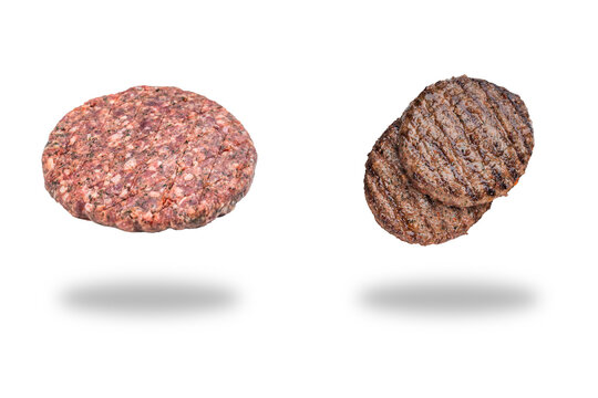 Raw hamburger patty beside browned grilled meat patties floating above compact shadows on a clean white background