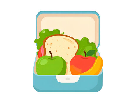 Open lunch box with sandwich and fruit illustration