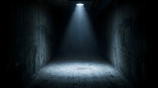 Dark empty concrete room with a single bright spotlight beam