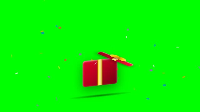 A 10-second 4K 60fps dynamic 3D animation of a luxury red and gold ribbon gift box shaking, popping its lid, and exploding with celebratory confetti and golden stars on chroma key green screen.